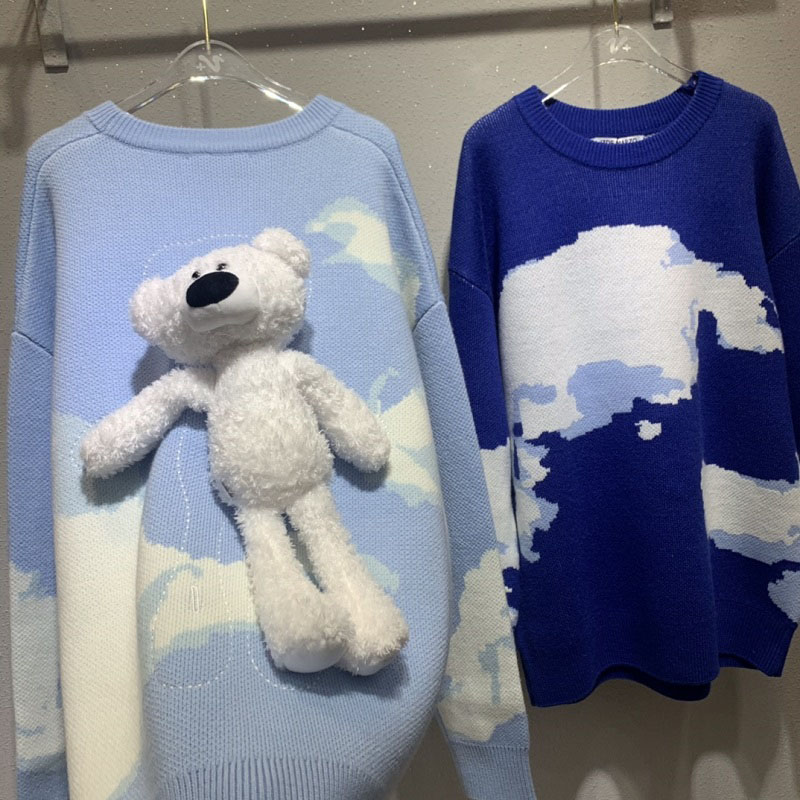 Round-collar pullover – loose and comfortable styled with blue sky, white cloud, rabbit and bear-1