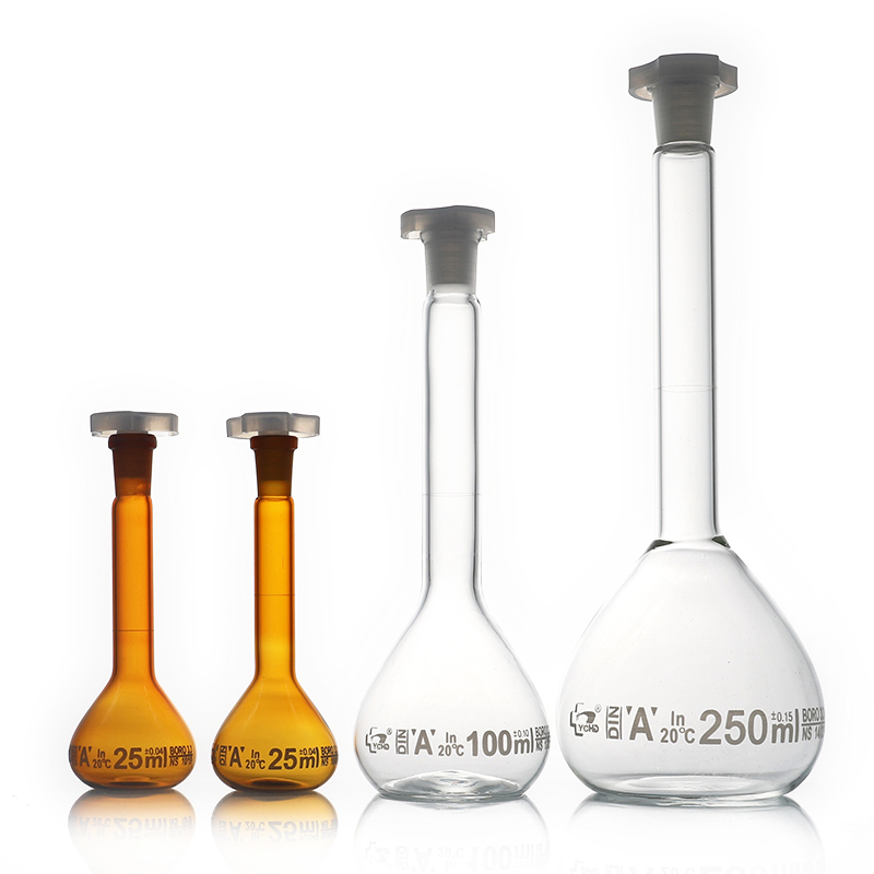 Clear and amber  grade A Volumetric Flask With ground–in glass stopper or plastic stopper