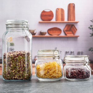 0.5L 1L 2L Clear Kitchen Storage Glass Jar with Airtight Clamp Lid