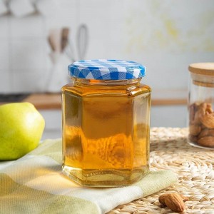 380ml Hexagon Honey Glass Storage Jar with Plaid Lid