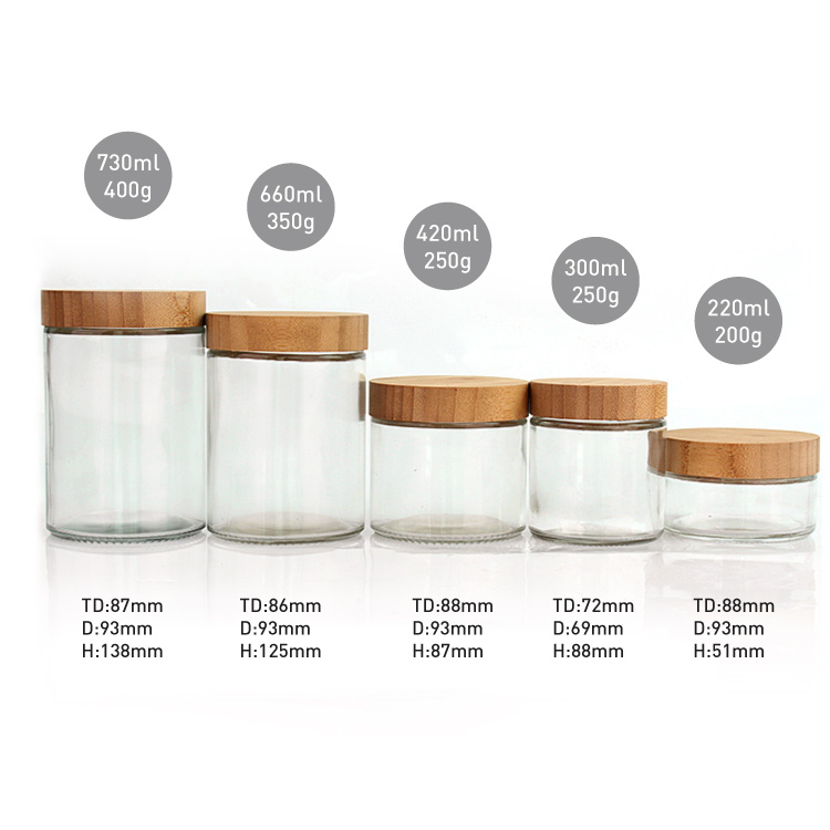 Eco friendly 10oz 300ml round clear glass food storage jar with screw bamboo wooden lid