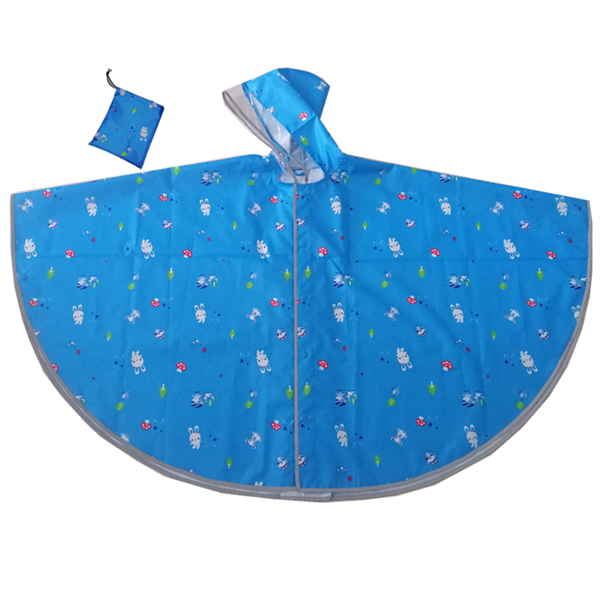 Blue color kids rain poncho with reflective piping for sale