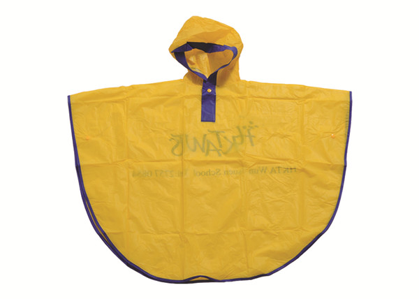 Curved shape yellow color children rain poncho with purple piping