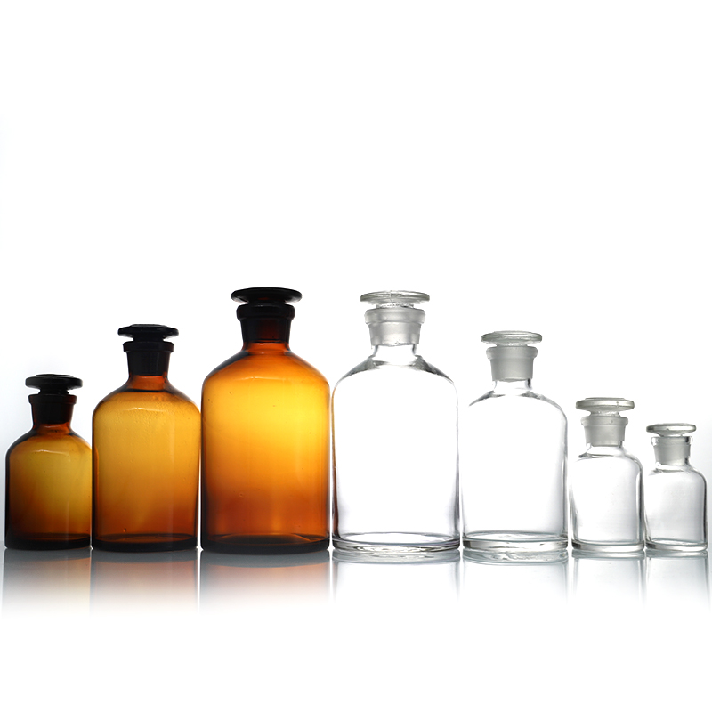 Reagent Bottle clear amber, narrow or wide mouth, With ground-in glass stopper, or plastic stopper