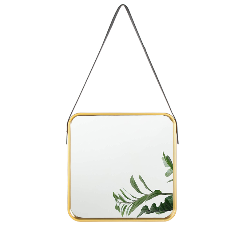 Hanging Gold Square Wall Mirror in Bathroom & Bedroom With Leather Strap