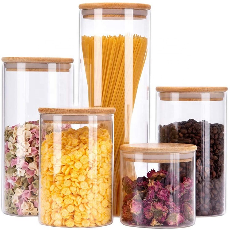 Stackable Kitchen Canisters borosilicate glass food storage jars with Airtight bamboo lids