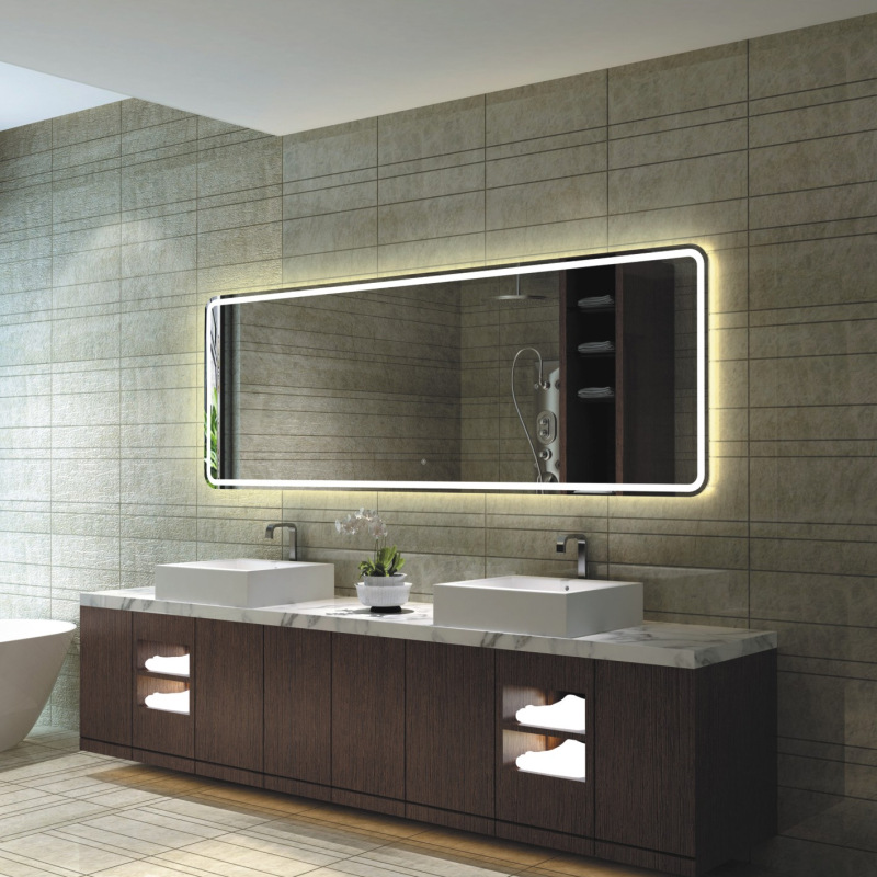 LED Lighted Bathroom Mirror Wall Mounted Mirror with Button,Anti Fog and Waterproof Rectangle Mirror