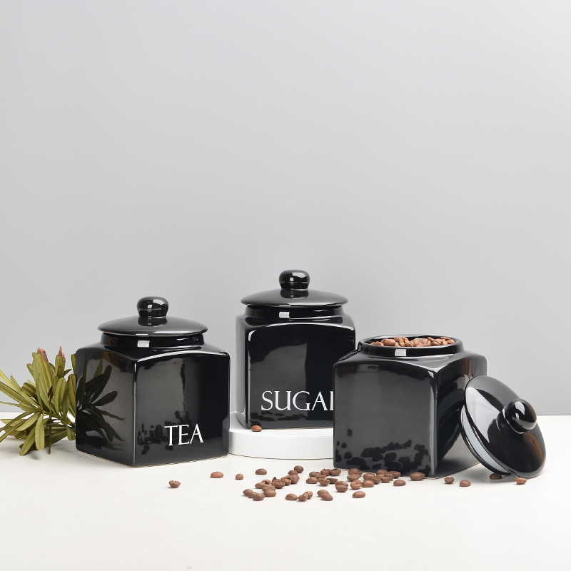 Kitchen Accessories Glazed Square Ceramic Tea Sugar Coffee Food Storage Jar With Lid