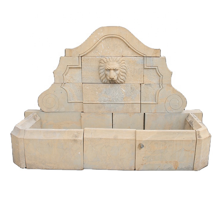 Outdoor hand carved garden modern marble stone lion head wall fountain with large pool